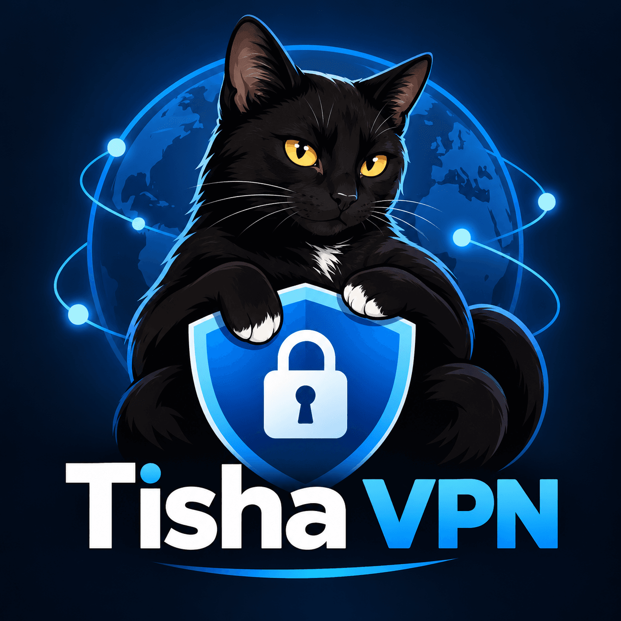 Tisha VPN — чёрный кот со щитом на фоне земного шара